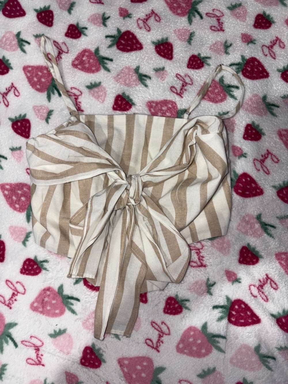 J.O.A. Beige and White Striped Tie-Front Crop Top